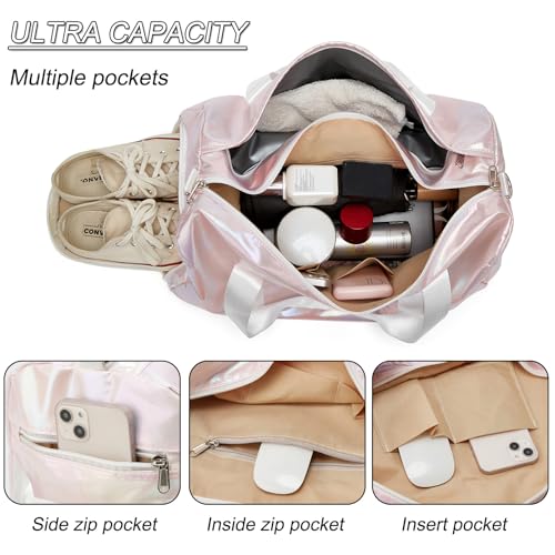 ZHIERNA Sports Gym Dance Bag for Women Girls, Shimmery Waterproof Duffle Travel Bag With Shoes Compartment and Wet Dry Pocket (Pink)4