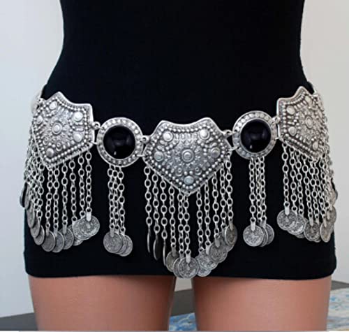 AILIU Aleación afgana Azul Negro Piedra Cadenas para el Vientre Moneda Hippie Borla Larga Cadena de Cintura Vestido de Playa Sexy Cinturón Mujeres Joyería Corporal