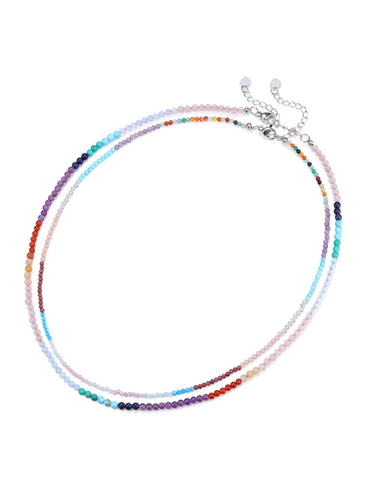 JSDDE Ensemble Colliers Perles Colorées en Pierres Naturelles Femme Fille 3mm Boheme Colliers Fines Couleur Perles Rondes Facettes Pierres et Cristaux Précieuse Parure Bijoux Empilables Porte Bonheur