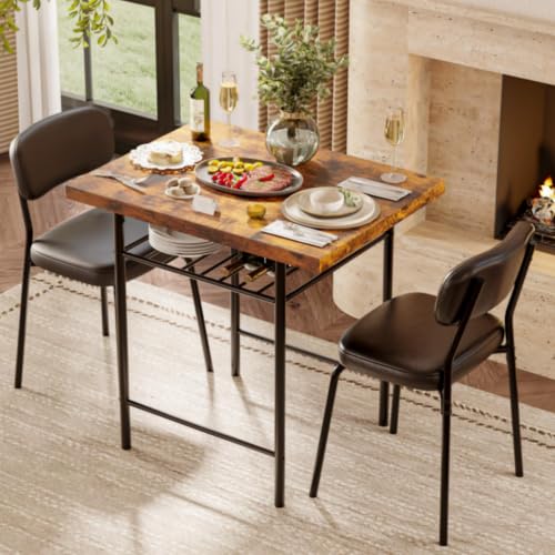 Image of VINGLI Dining Table Set for 2, Small Kitchen Table Set with Upholstered Chairs, 3-Piece Dining Set with Storage Rack, Wood Dining Room Set with Metal Legs for Small Spaces, Living Room, Rustic Brown