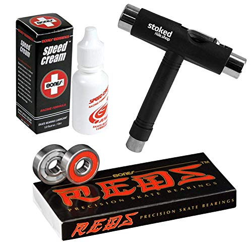 Bones Reds Skateboard Bearings 8-Pack [for Skateboards, Longboards, Scooters, Spinners] (Bones Reds, _8-Pack w/Tool & Speed Cream)