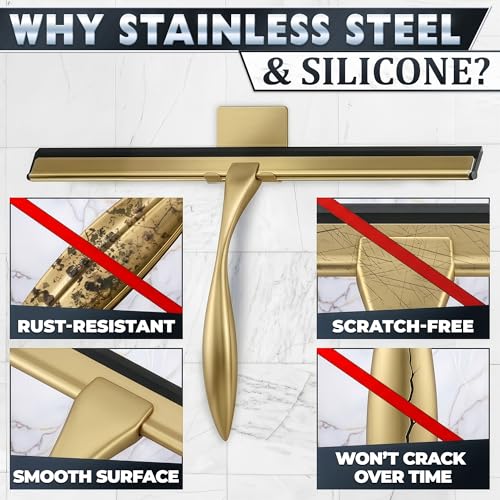 Image of Shower Door Squeegee with Hook - 14 inch Silicone Blade, Stainless Steel Gold Squeegee for Shower Glass with Adhesive Mount - All-Purpose Bathroom Tile, Mirror, & Window Wiper for Streak-Free Cleaning
