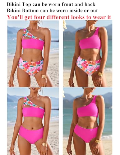 AI'MAGE Women's Bikini Sets Reversible Wear Cutout One Shoulder Top with Mid Waist Two Piece Bathing Suit4