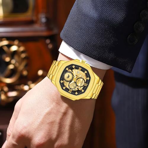 Image of Godfather Square Chrono Look New Golden Date Working Stainless Steel Strap Boys Analog Watches