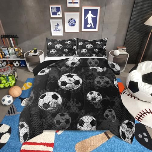 Erosebridal Soccer Comforter Twin Football Bedding Sets for Boys Teens Sport Themed Bedding Ball Gaming Duvet Insert Black Gray Grunge Room Decor 2pcs with 1 Pillow Case Lightweight Soft Bed Set