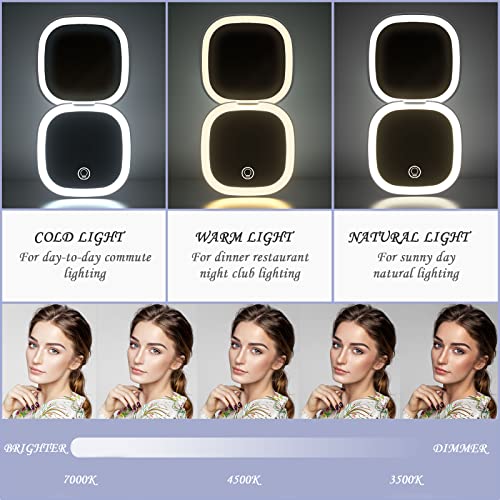 Yuearn Compact Mirror With Light, 2-Sided Lighted Compact Travel Makeup Mirror With 5X Magnification & Dimmable Brightness, 3 Lighting Modes Pocket Mirror With Type-C Rechargeable (5X Pink) #TOP2