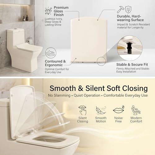 Image of ELEGANT CASA Polypropylene Soft Closing Toilet Seat Cover with Stable Hinges - Rectangular Shape Size 43 x 34 CM Colour Glossy Off-White /Ivory - 1 Set