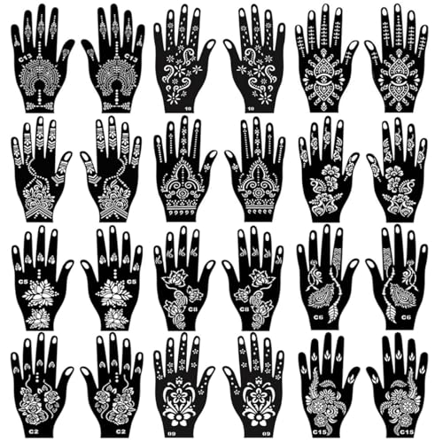 Henné Pochoirs de tatouage, 24 feuilles Pochoirs de henné réutilisables Pochoirs de tatouage temporaire pour femmes filles