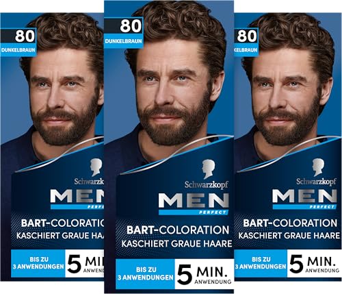 Schwarzkopf Men Perfect Bart-Coloration 80 Natur Schwarz-Braun Stufe 2 (3 X 30 ml), Bartfärbemittel zum Kaschieren grauer Haare für ein natürlich aussehendes Ergebnis, schnelle Anwendung