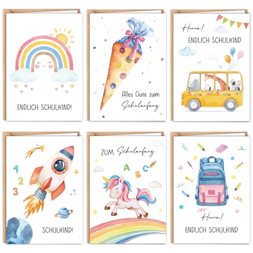 Happirra Karte Einschulung 6er Set Glückwunschkarte Einschulung mit Umschläge und Aufkleber Karte Schulanfang für Schulkind Geschenk Einschulungsgeschenke Mädchen Junge