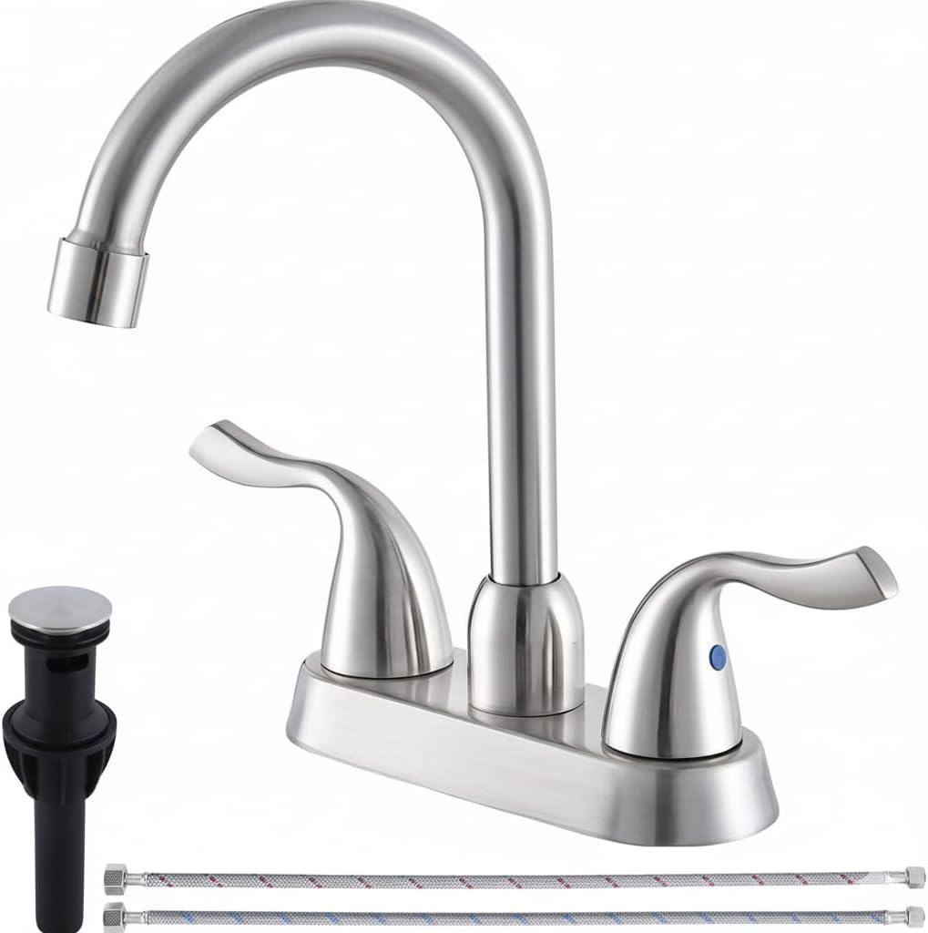 Brushed Nickel Bathroom Sink Faucet, 2 Handle 4 Inch Centerset Bathroom Faucet, 3 Hole Small Bathroom Sink Faucet with Supply Lines and Pop-up Drain, RV faucets for Camper Lavatory Vanity