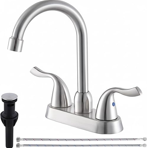 Grifo de lavabo de baño de níquel cepillado, 2 manijas 4 pulgadas centerset grifo de baño, grifo de lavabo de baño pequeño de 3 agujeros con líneas