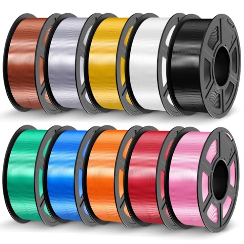 Image of JAYO Silk PLA Filament Bundle 1.75mm 11KG, Metal-Like Shiny 3D Printer Filament, 1.1kg per Spool, Spool of 10, Black, White, Light Gold, Silver, Red Copper, Pink, Red, Blue, Green, Orange