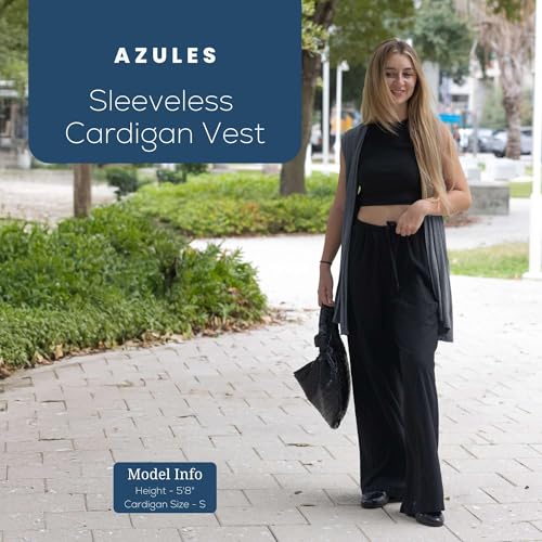 Image of Azules Sleeveless Long Cardigan for Women with Pockets - Lightweight Open Front, Flowy Dressy Layer for Work or Casual Wear