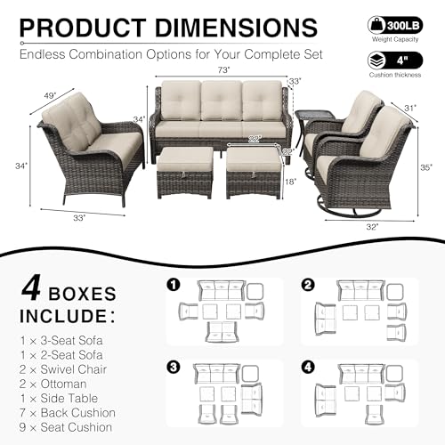Image of Joyside 7 Piece Wicker Patio Furniture Set, Outdoor Swivel Rocker Patio Chairs with High Back, Deep Seating, Wide Armrest, Thickened Cushions, Outdoor Furniture for Deck, Porch Use