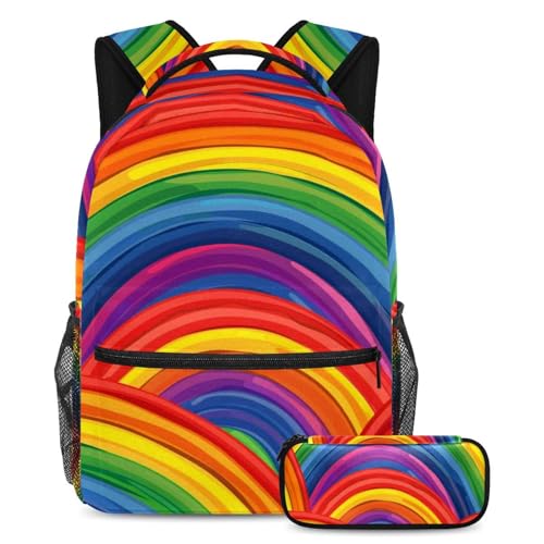 Cartable arc-en-ciel amusant sac à dos scolaire avec trousse crayons garçons filles