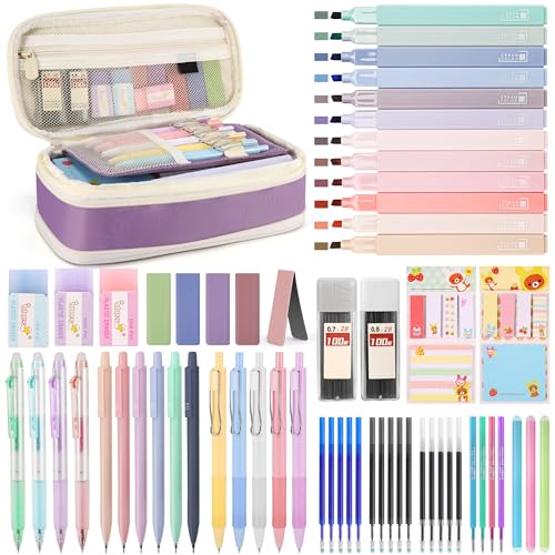 DazSpirit 62Piezas Set Papelería Estética con Estuche Plegable, 12 Resaltadores Pastel, 4 Bolígrafos Borrables, 5 Bolígrafos Gel, 6 Portaminas – Suministros Escolares para Adolescentes (Púrpura)