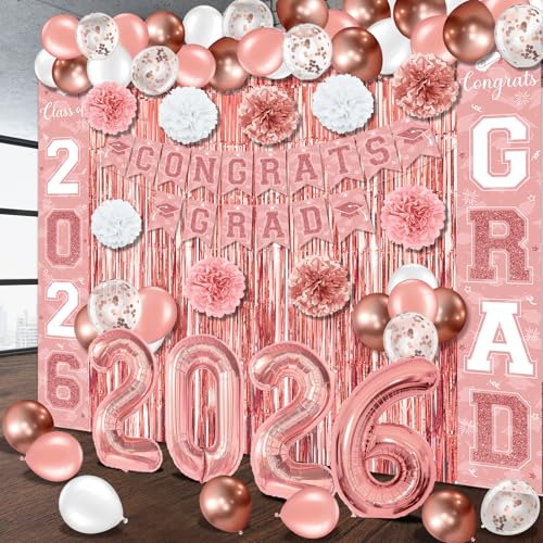 Image of Graduation Party Decorations Class of 2026, Graduation Decorations with Congrats Grad Banner Fringe Foil Curtain Paper Flower Ball Balloons for High School College Graduation Party Supplies, Pink