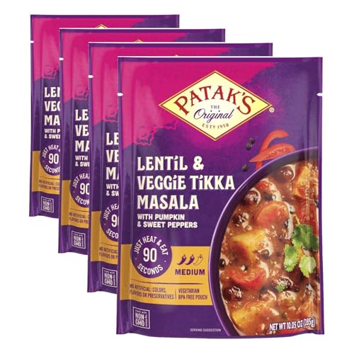 Image of Patak's Lentil & Veggie Tikka Masala - Vegetarian Indian Curry w /Lentils, Beans, Pumpkin, Sweet Potatoes & Vegetables - Ready-to-Eat Microwaveable Meal - Serve with Rice or Naan - 10.5oz (Pack of 4)