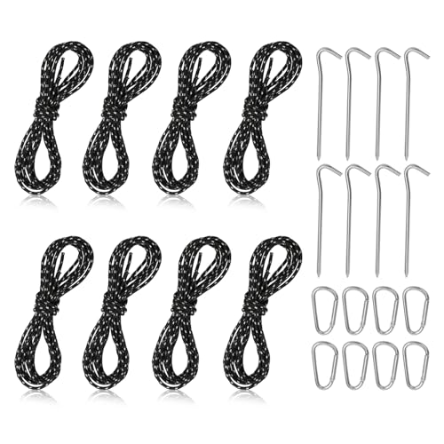 LURICO Kit Completo Accessori Tenda da Campeggio-8 Picchetti+8 Corde Rifrangenti (2m×2mm) +8 Moschettoni-Massima Resistenza, Affidabilità Totale, Solidità e Durabilità (Nero)