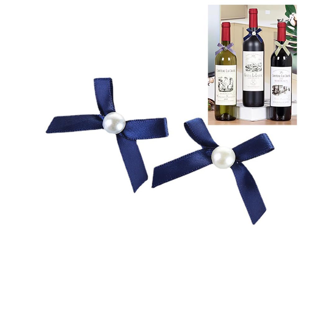 Nœuds pour bouteilles de vin en satin bleu marine avec perles lot de 200