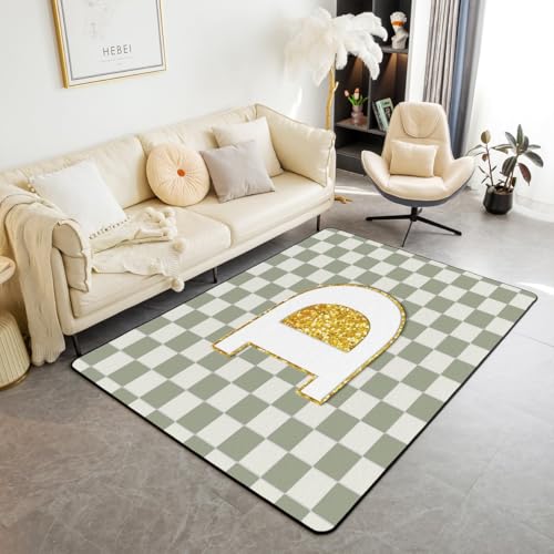 Image of Erosebridal Sage Green Checkered Area Rug 5x7 Plaid Initial D Living Room Rug Non Slip Personalized Monogram Carpet for Bedroom Kitchen Fashion Grids Gingham Indoor Floor Mat Non Slip