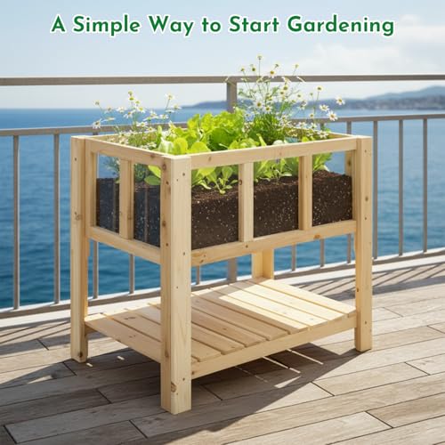 Image of ketive Raised Garden Bed with Transparent Acrylic Side Panels, Elevated Wooden Planter Box with Shelf for Vegetables, Herbs & Flowers,Outdoor Raised Garden Planter for Patio, Balcony & Backyard