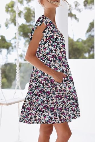 Image of nclook Womens Summer Casual Dresses Sweet Cute V Neck Mini Dress with Pockets Ruffle Short Sleeve
