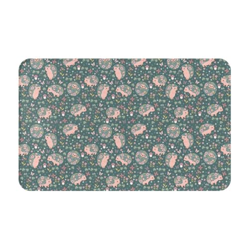 VOSERY Tapis de salle de bain hérissons et fleurs 76,2 x 50,8 cm - Doux, absorbant, antidérapant, lavable en machine