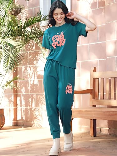 Image of ZEYO Night Suit for Womens Typography Printed Cotton Night Dress of Top and Joggers