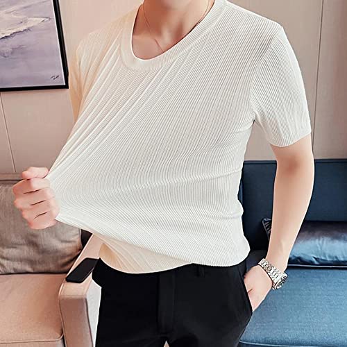 Maiyifu-GJ Men Solid Knitted Tee Fitness Slim Fitted Ribbed Short Sleeve Crewneck Casual Sweater Pullover4