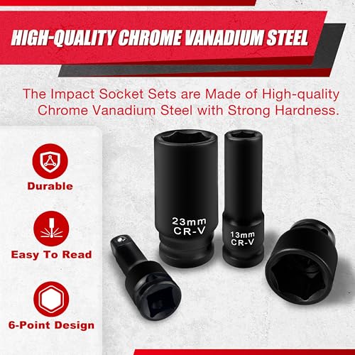 45pcs 1/2" Socket Set, Drive Deep and Shallow Impact Socket Set, Including 3 ", 5", 10" Impact Extension Bar, Universal Joint, Metric(9-32mm),6-Point,Cr-V Steel