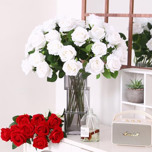 JUSTOYOU 20 PCS White Rose Artificial Flower,Silk Blooming Rose with Stem,Artificial Rose Bouquet Realistic Flower for Home Table Office Party Wedding Garden Arrangements(white rose) - Image 4