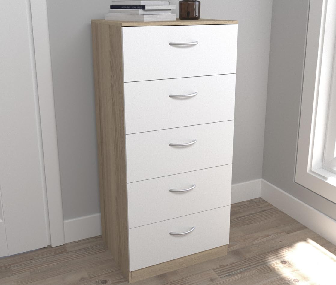 DORMIDAN- Sinfonier 5 cajones guías metálicas, cómoda Dormitorio, Altura 110cm. (Roble cajones Blanco)