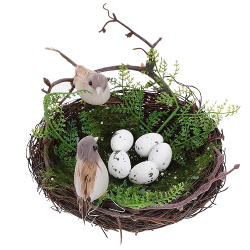Angoily Nid D'oiseau Décoratif en Rotin Naturel avec 5 Œufs Artificiels, Diamètre 15 Cm, Ornement Rustique pour Maison, Jardin, Balcon et Loisirs Créatifs,...