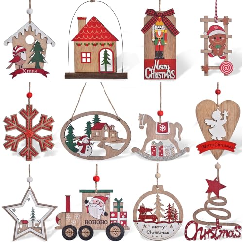 12 Piezas Adornos Colgantes de Navidad, Adornos de Madera para Árboles de Navidad, Decoraciones para Árboles de Navidad de Madera