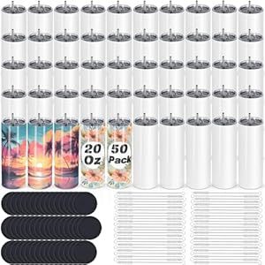 50 Pack Sublimation Tumblers Bulk, 20 oz Skinny Straight Sublimation Tumbler Blank, Stainless Steel Sublimation Cups with Lid and Straw, Shrink Wrap, Sublimation Paper, Individually Boxed