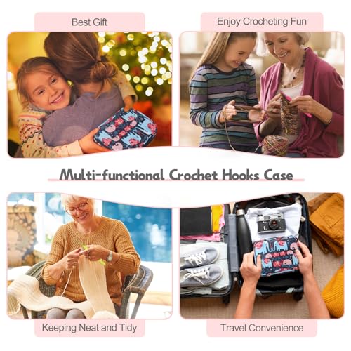 Image of Katech Portable Travel Crochet Storage Bag Organizer with Zipper, Web Pocket and Crochet Holder Slots for Knitting Accessories (Elephant Pattern)