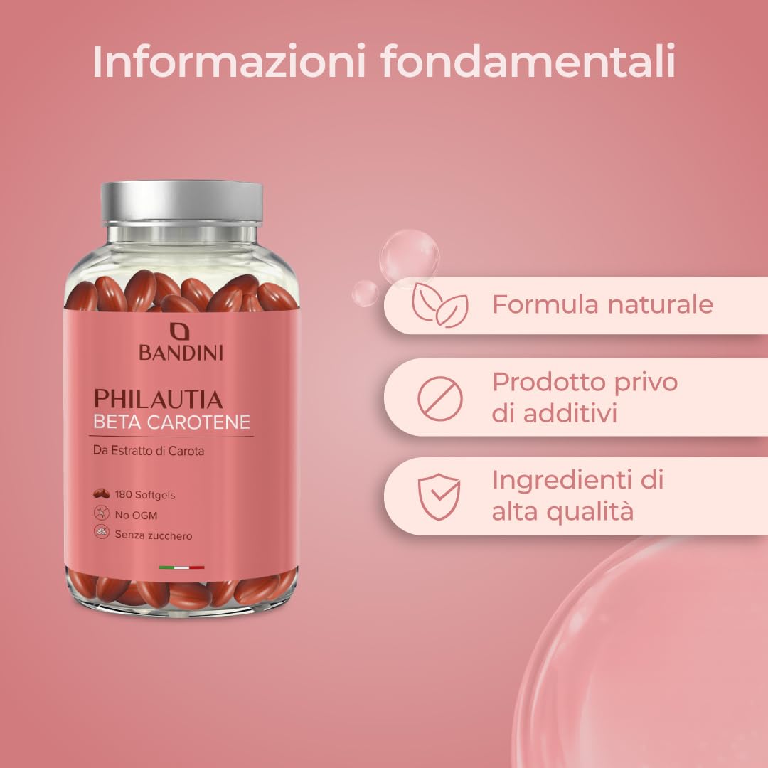 Bandini® Betacarotene | Integratore per Abbronzatura Forte Intensa e Pelle Radiosa | 180 Softgels | Apporto di Vitamina A per un Colorito Luminoso Tutto l’Anno | Sistema Immunitario