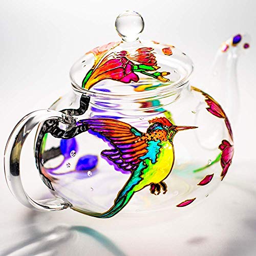 Hand Painted Glass Teapot Personalized Hummingbird Tea Pot with Removable Infuser Heat Resistant Handmade Mothers Day Gift Idea for Women Friend Mom Coworker