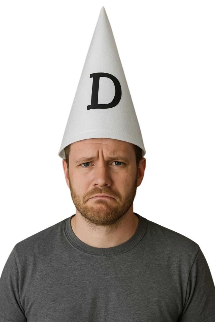 labreeze Mens Dunce Hat – Adult Cone Hat with DUNCE Print – Funny Fancy Dress Headwear for Retro School Costume, Book Day, Teacher Outfit, Comedy Skits and Parties