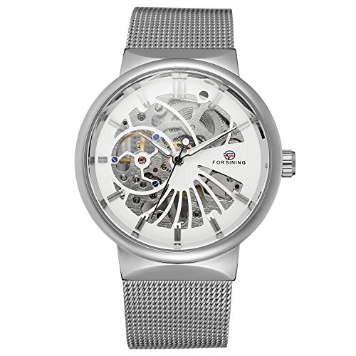 Image of FORSINING Men's Popular Mechanical Hand-Wind Ultra Thin Stainless Steel Bracelet Mesh Skeleton Watch
