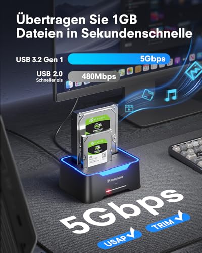 POSUGEAR Festplatten Docking Station, RGB USB 3.0 Festplattengehäuse für 2,5 und 3,5 Zoll SATA HDD/SSD, 2 x 20TB Dual Bay HDD Docking Station mit Offline Klonen Unterstützung werkzeugloser und UASP