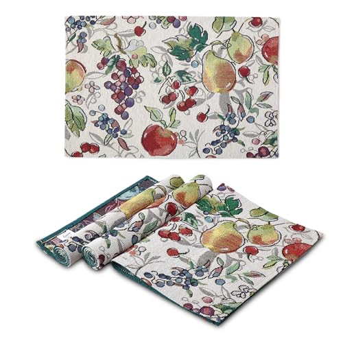 Image of Encasa XO Boho Jacquard Woven Dining Table Placemats, Vintage Fruit | Tapestry Style | Machine Washable | Stain & Heat Resistant | Non-Fading Non-Shrink Fabric | Set of 4