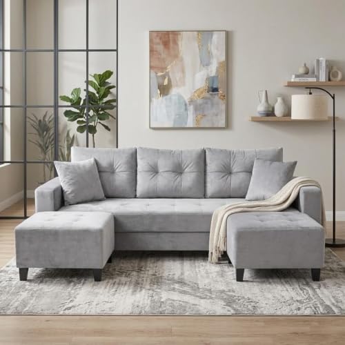 Image of SLEEPIFY Harlon Velvet-Suede Fabric 3 Seater Sofa Set with 2 Ottoman (Light Gray) | Comfortable & Spacious Seating | Modern Sofa Set for Living Room | Soft Touch Upholstery