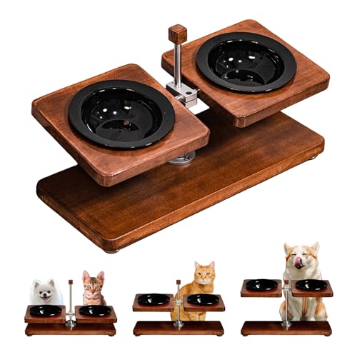 AEMYNOUZ Adjustable Elevated Pet Food Stand - Raised Wooden Cat Bowls & Dog Bowls Holder with Ceramic Dishes for Small Puppy & Kitten, Non-Slip 2-8'' Height Rotatable Platform, Cat Gift (Walnut-Black)
