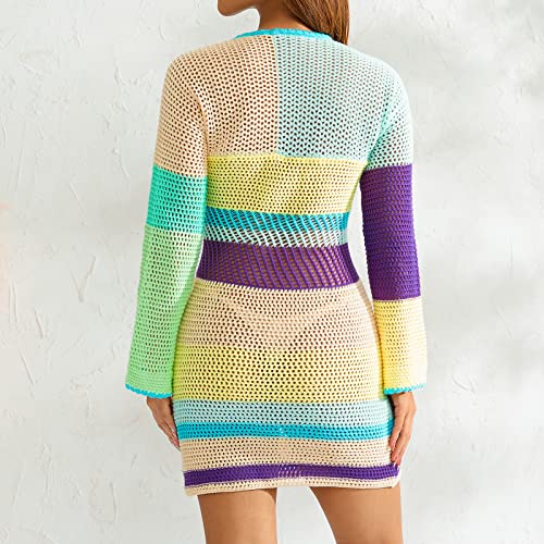 Image of Women Crochet Knit Mini Dress Colorful Striped Long Sleeve See Through Mesh Cover Ups Summer Beach Wear