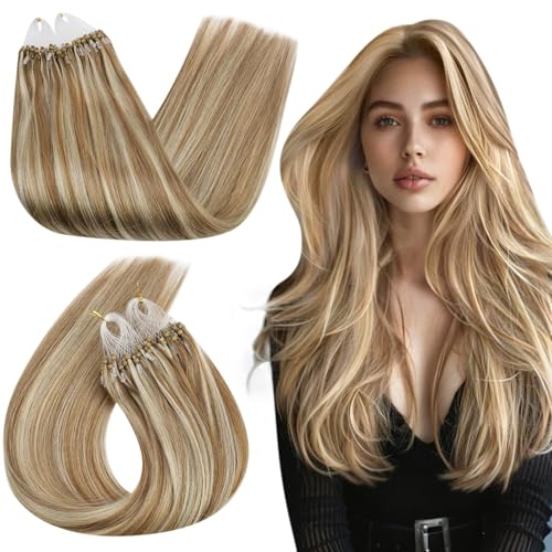 Ugeat Brown Blonde Micro Loop Hair Extensions Real Human Hair Golden Brown Micro Ring Hair Extensions Human Hair Highlights Bleach Blonde 14 Inch Cold Fusion 50G/50S #10/613