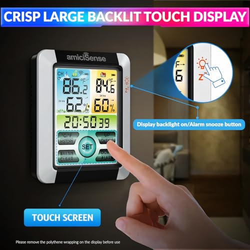 Image of amiciSense Digital Weather Station, Outdoor /Indoor Temperature and Humidity Monitoring Device with Touch Screen and Clock Function