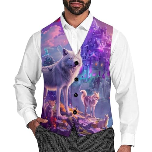 Before Castle Wolf Fox Novelty Men's Suit Vest Funny Formal Dress Vests Business Waistcoat